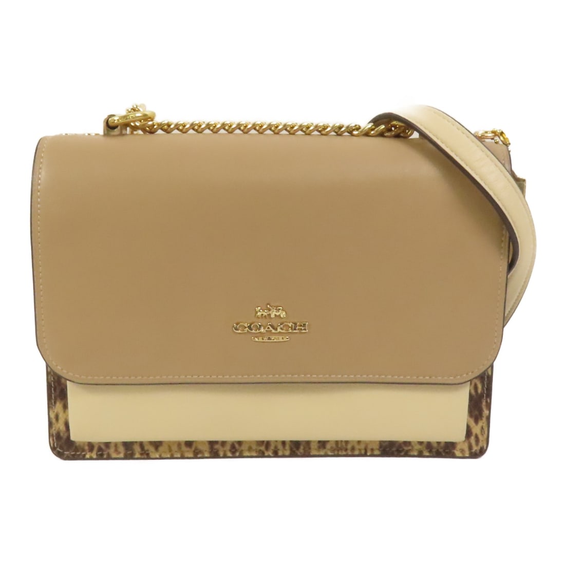Coach Beige Calfskin Shoulder Bag with Gold Tone Hardware: Coach Beige Calfskin Shoulder Bag with Gold Tone Hardware This COACH shoulder bag features a beige calfskin leather exterior and a classic, regular-size silhouette. Designed for both elegance and ever