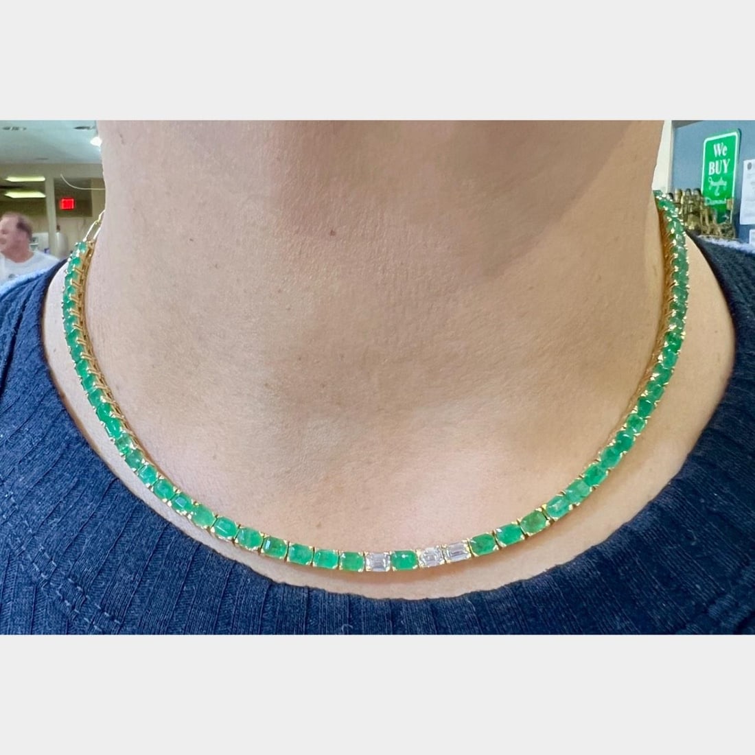Emerald and Diamond Necklace in 14K Yellow Gold 16 Inch: Emerald and Diamond Necklace in 14K Yellow Gold 16 Inch This 14K yellow gold necklace features approximately 10.00 carats of emeralds and is set with three diamonds totaling approximately 0.60 carats,
