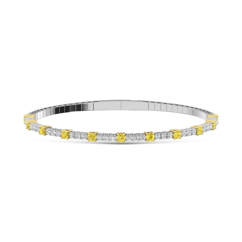 14K White Gold Lab Grown Yellow and White Diamond 1 1/6 Ct.Tw Flexi Bangle: 14K White Gold Lab Grown Yellow and White Diamond 1 1/6 Ct.Tw Flexi Bangle Crafted in 14K White Gold, this flexi bangle features lab grown yellow and white diamonds totaling 1 1/6 Ct.Tw., radiating ch