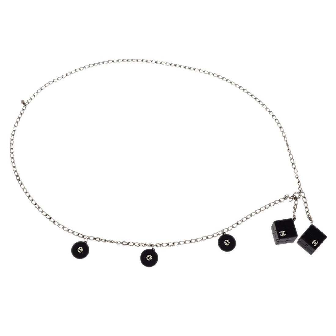 Silver Chain Belt with Cube Links by Chanel 04S Collection: Silver Chain Belt with Cube Links by Chanel 04S Collection This Chanel Cube Record chain belt features a striking silver tone and showcases the brand's signature design elements. Made in Italy, the be