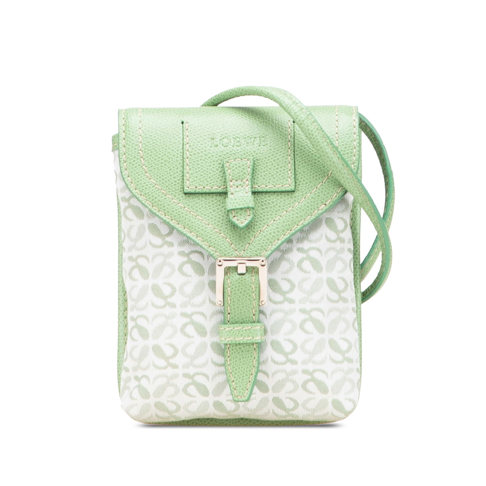 LOEWE Anagram Green Canvas Crossbody Bag with Leather Trim: LOEWE Anagram Green Canvas Crossbody Bag with Leather Trim The LOEWE Anagram Canvas Crossbody is a stylish and functional bag tailored for everyday use. It features a durable canvas body accented with