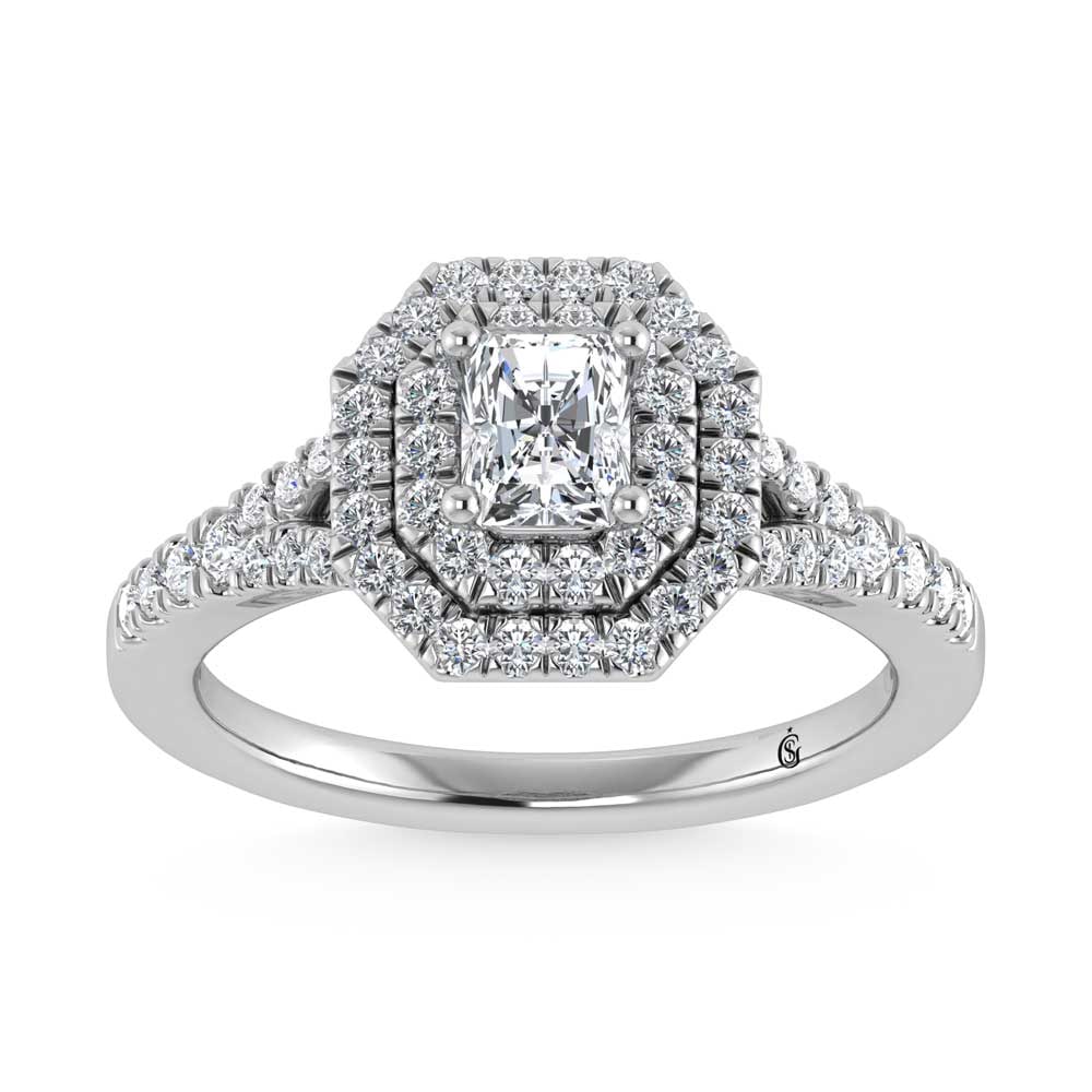 14K White Gold Lab Grown Diamond 1 ct.tw. Radiant Shape Halo Engagement Ring (1/2 ct Center): 14K White Gold Lab Grown Diamond 1 ct.tw. Radiant Shape Halo Engagement Ring (1/2 ct Center) Celebrate your forever moment with the timeless brilliance of our Halo Diamond Engagement Ring. This exquis