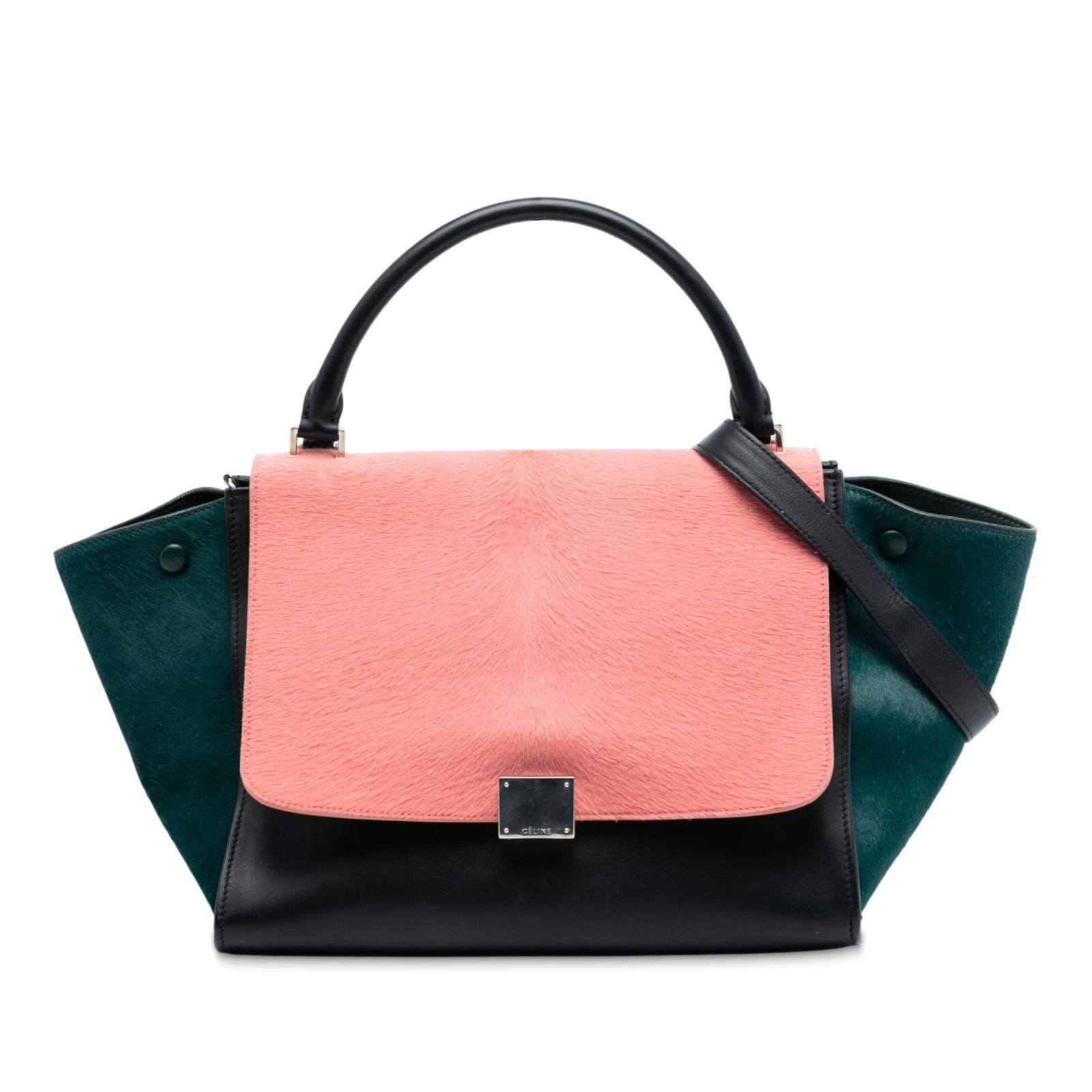 Celine Trapeze Medium Satchel in Tricolor Calfskin and Ponyhair: Celine Trapeze Medium Satchel in Tricolor Calfskin and Ponyhair This Celine Medium Tricolor Trapeze Satchel features a combination of calfskin leather and ponyhair, offering a distinctive and stylish