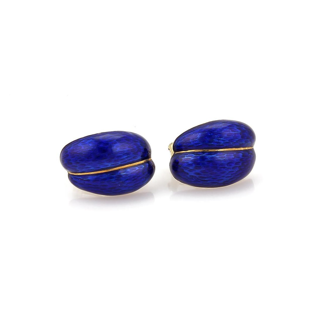Vintage 18k Yellow Gold Blue Guilloche Enamel Shell Earrings: Vintage 18k Yellow Gold Blue Guilloche Enamel Shell Earrings This exquisite pair of vintage earrings is made from 18k yellow gold, showcasing a polished finish. The earrings feature a unique dome-shap