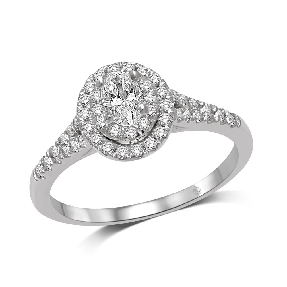 14K White Gold 1/2 Ct.Tw. Diamond Halo Engagement Ring: 14K White Gold 1/2 Ct.Tw. Diamond Halo Engagement Ring This amazing Engagement Ring is available in 14K White Gold. There are 49 round diamonds with a total carat weight of 1/2 Ct.Tw. set in a micro p