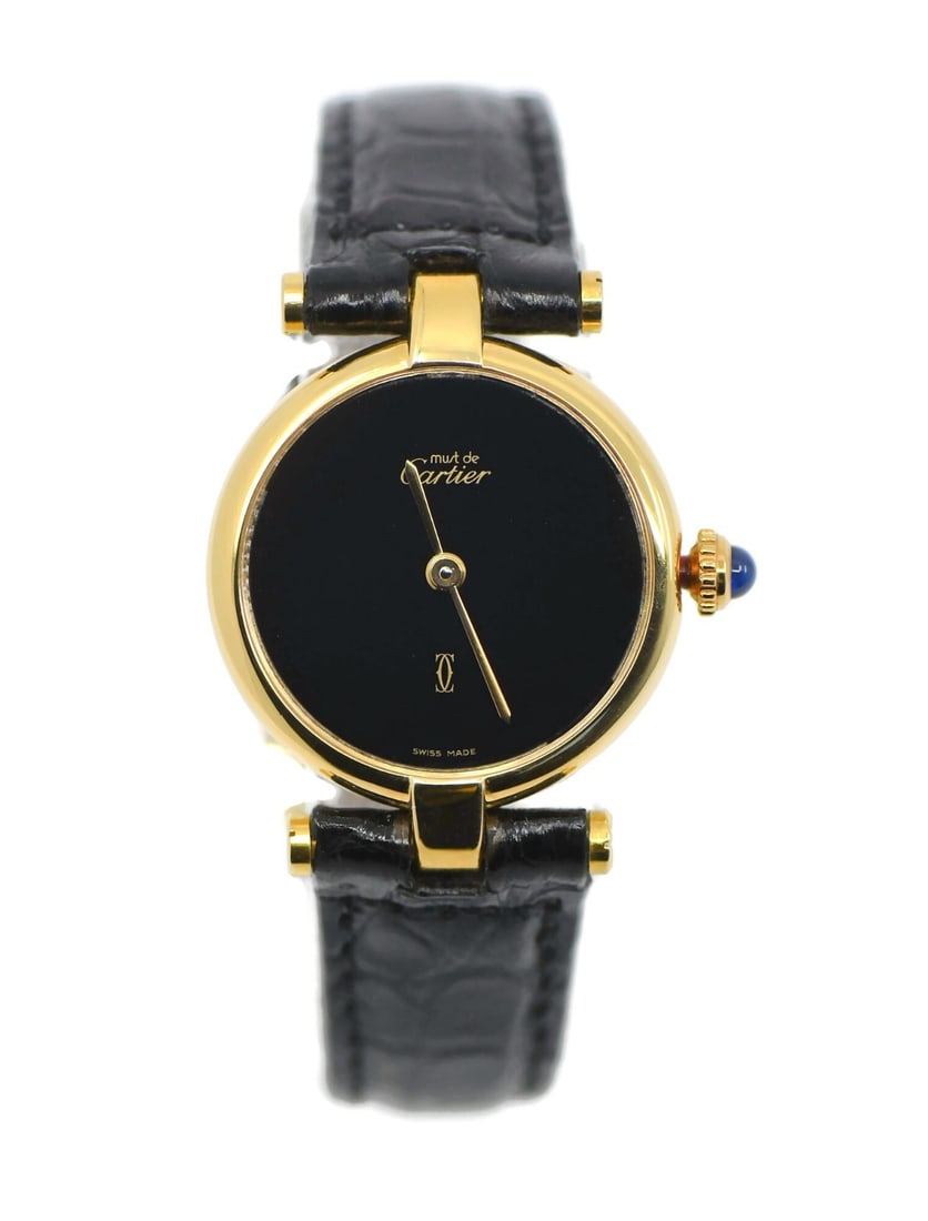 Cartier Vendome Sterling Silver Quartz Watch with Leather Band: Cartier Vendome Sterling Silver Quartz Watch with Leather Band Experience timeless elegance with the Cartier Must Vendome Sterling Silver Watch. This exquisite wristwatch features a sleek black dial a