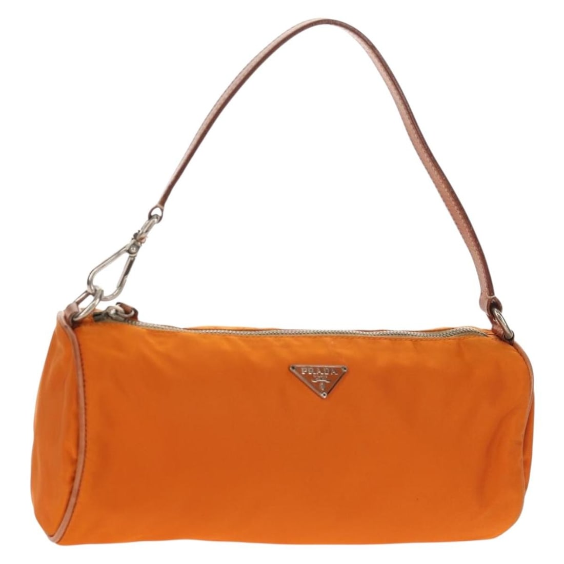 Orange Nylon Prada Shoulder Bag with Silver Accents and Dust Bag: Orange Nylon Prada Shoulder Bag with Silver Accents and Dust Bag This PRADA shoulder bag features an orange and silver nylon exterior, complemented by silver-tone hardware. It is designed with a compa
