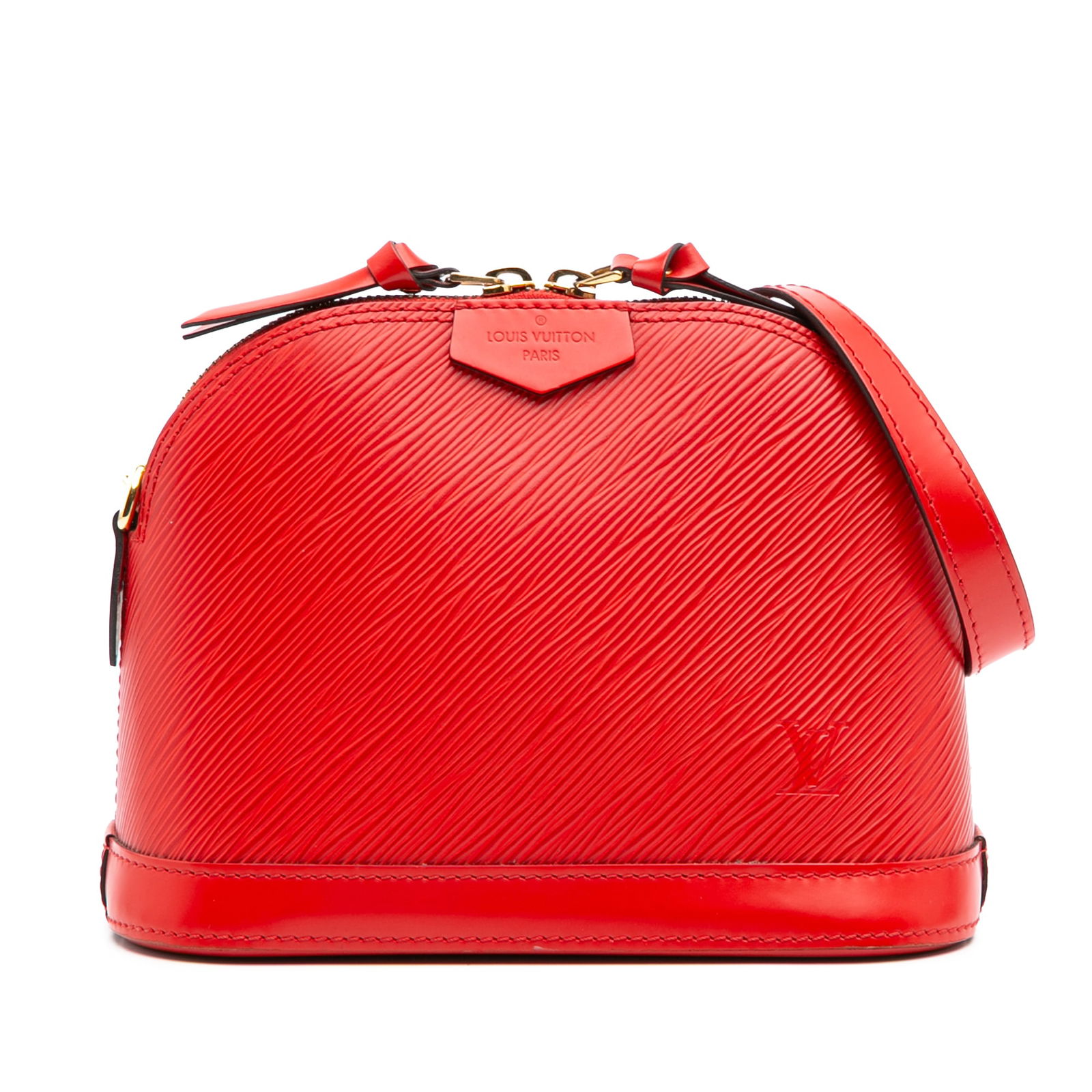 Louis Vuitton Epi Mini Alma Red Leather Bag with Shoulder Strap: Louis Vuitton Epi Mini Alma Red Leather Bag with Shoulder Strap The Louis Vuitton Epi Mini Alma is a stylish and compact bag crafted from durable epi leather. It features a striking red color, a top z