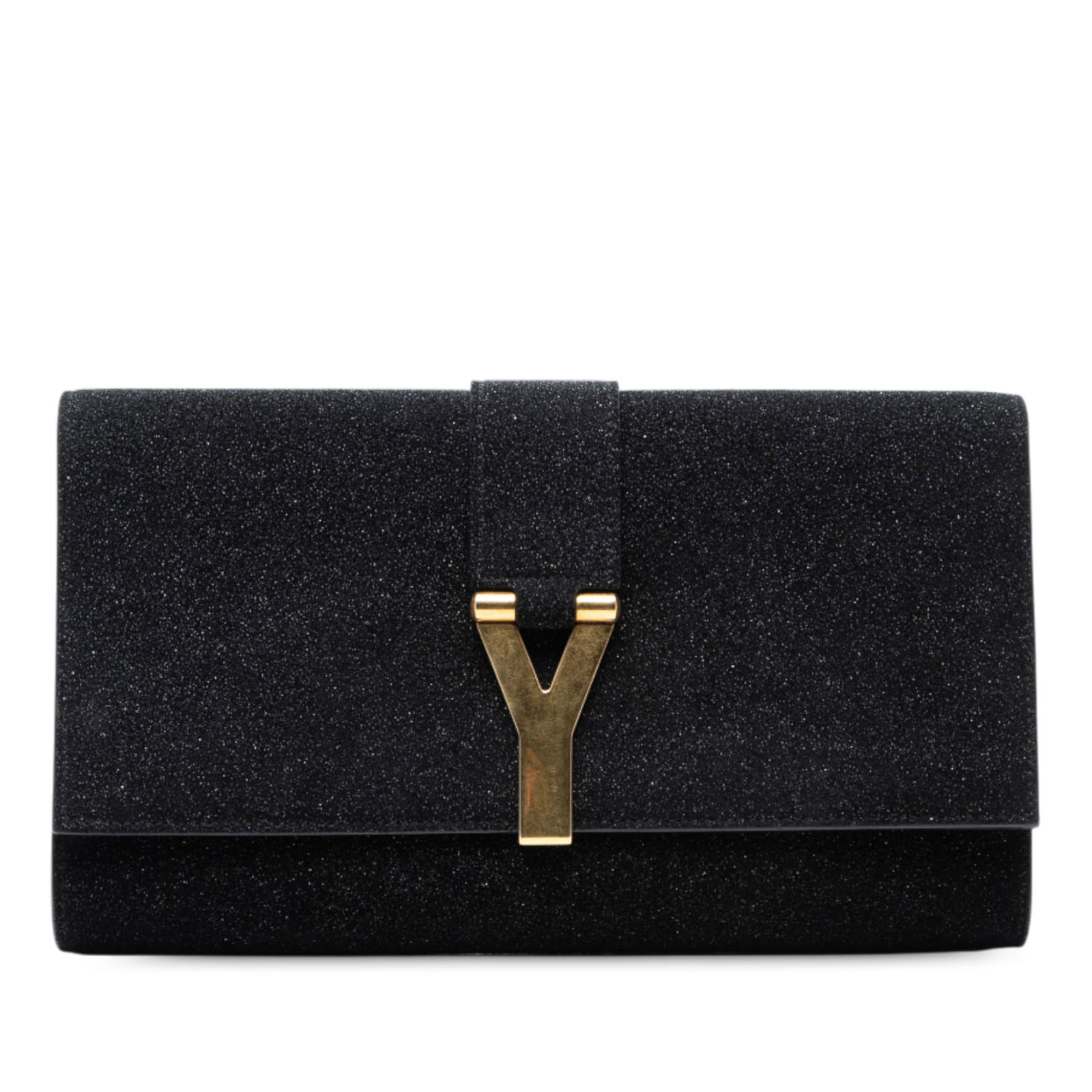 Saint Laurent Chyc Ligne Black Glitter Suede Leather Clutch Bag: Saint Laurent Chyc Ligne Black Glitter Suede Leather Clutch Bag This Saint Laurent Suede Shimmer Glitter Chyc Ligne Clutch features a glittered suede leather body in black, a front flap with gold-tone