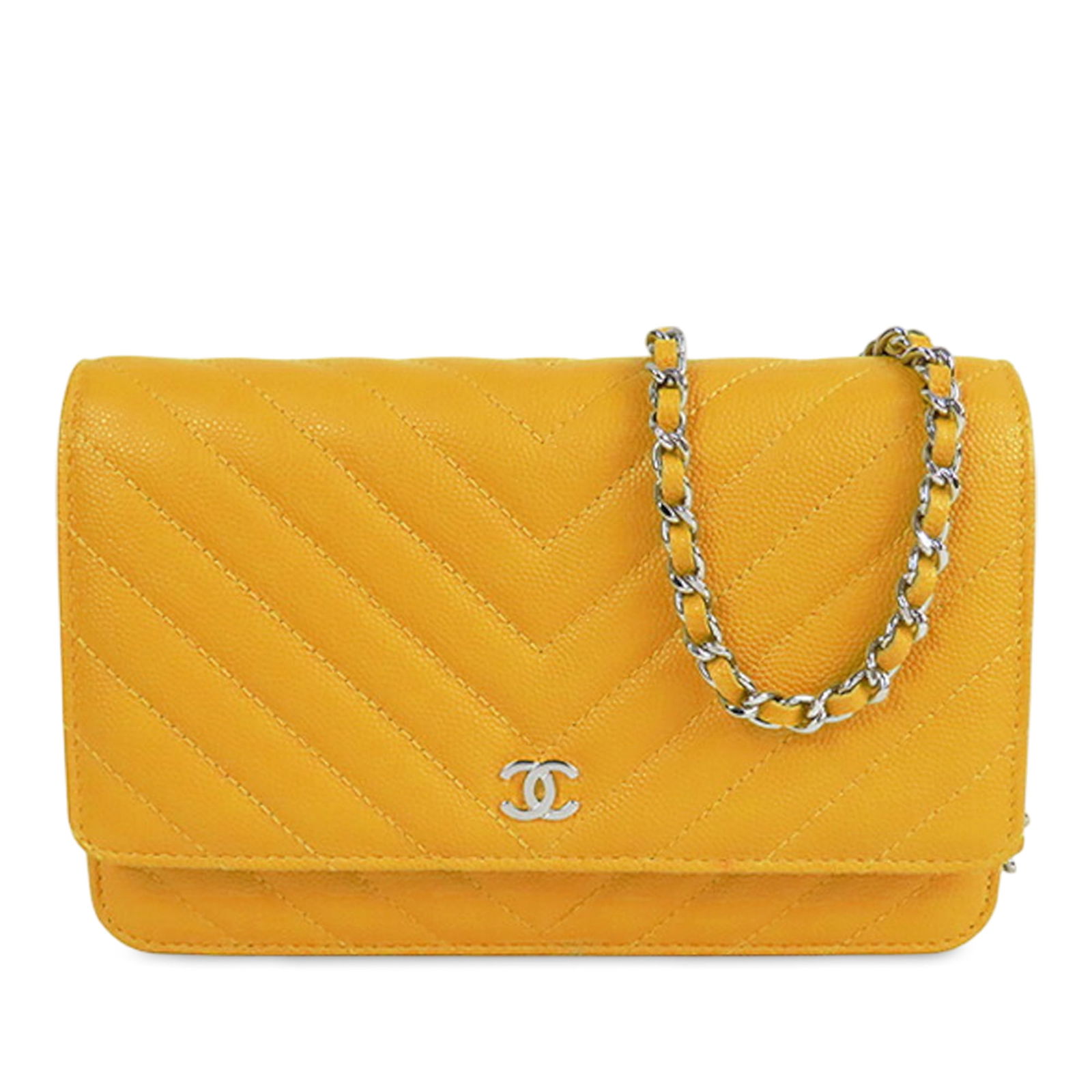 Yellow Leather Chanel Chevron Quilted Wallet on Chain with Silver Chain Strap: Yellow Leather Chanel Chevron Quilted Wallet on Chain with Silver Chain Strap This Chanel CC Chevron Caviar Wallet On Chain features a quilted caviar leather body in yellow, a silver-tone leather-wove