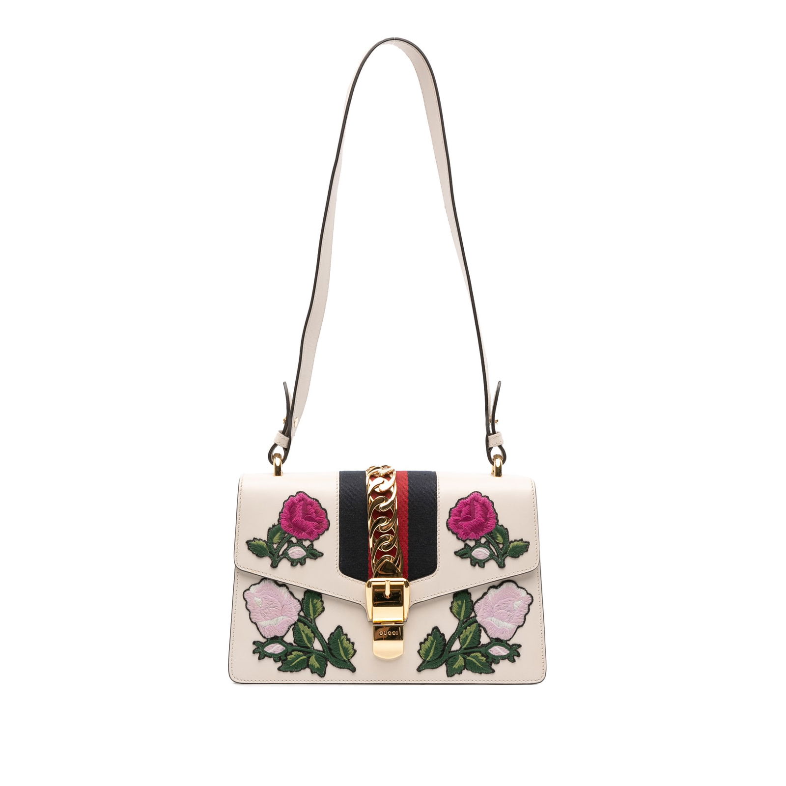 Gucci Small Floral Embroidered Leather Sylvie Satchel White Italy: Gucci Small Floral Embroidered Leather Sylvie Satchel White Italy The Gucci Small Floral Embroidered Leather Sylvie Satchel showcases a beautifully embroidered leather body in a classic white finish.