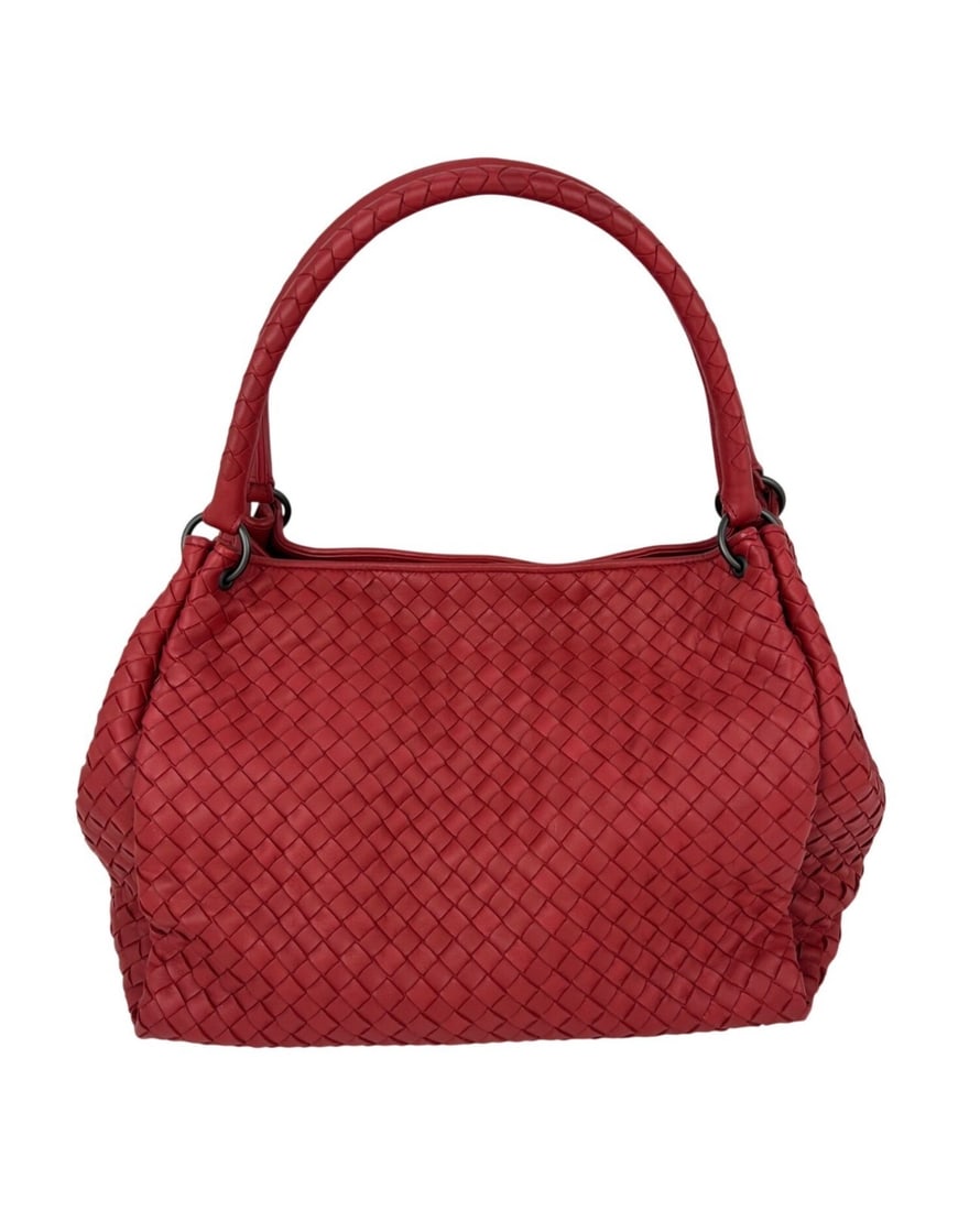 Bottega Veneta Intrecciato Red Leather Medium Shoulder Tote with Double Handles: Bottega Veneta Intrecciato Red Leather Medium Shoulder Tote with Double Handles This Bottega Veneta shoulder tote bag features the iconic Intrecciato woven leather design in a striking red color. Craf