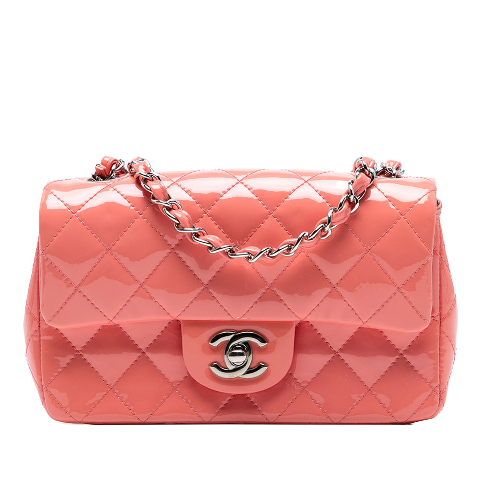 Chanel Mini Rectangular Classic Patent Flap Bag Pink Leather: Chanel Mini Rectangular Classic Patent Flap Bag Pink Leather This Chanel Mini Rectangular Classic Patent Single Flap crossbody bag showcases an elegant quilted patent leather body in a vibrant pink hu