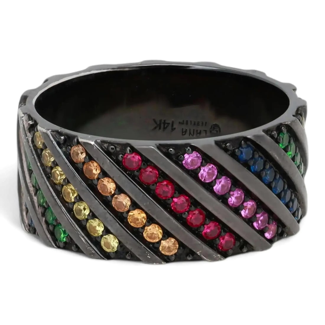 14k White Gold Band Ring with Multicolor Sapphires by LANA: 14k White Gold Band Ring with Multicolor Sapphires by LANA This band ring by LANA features diagonal rows of pave-set, multi-colored round sapphires, set in 14k white gold with black rhodium plating. T