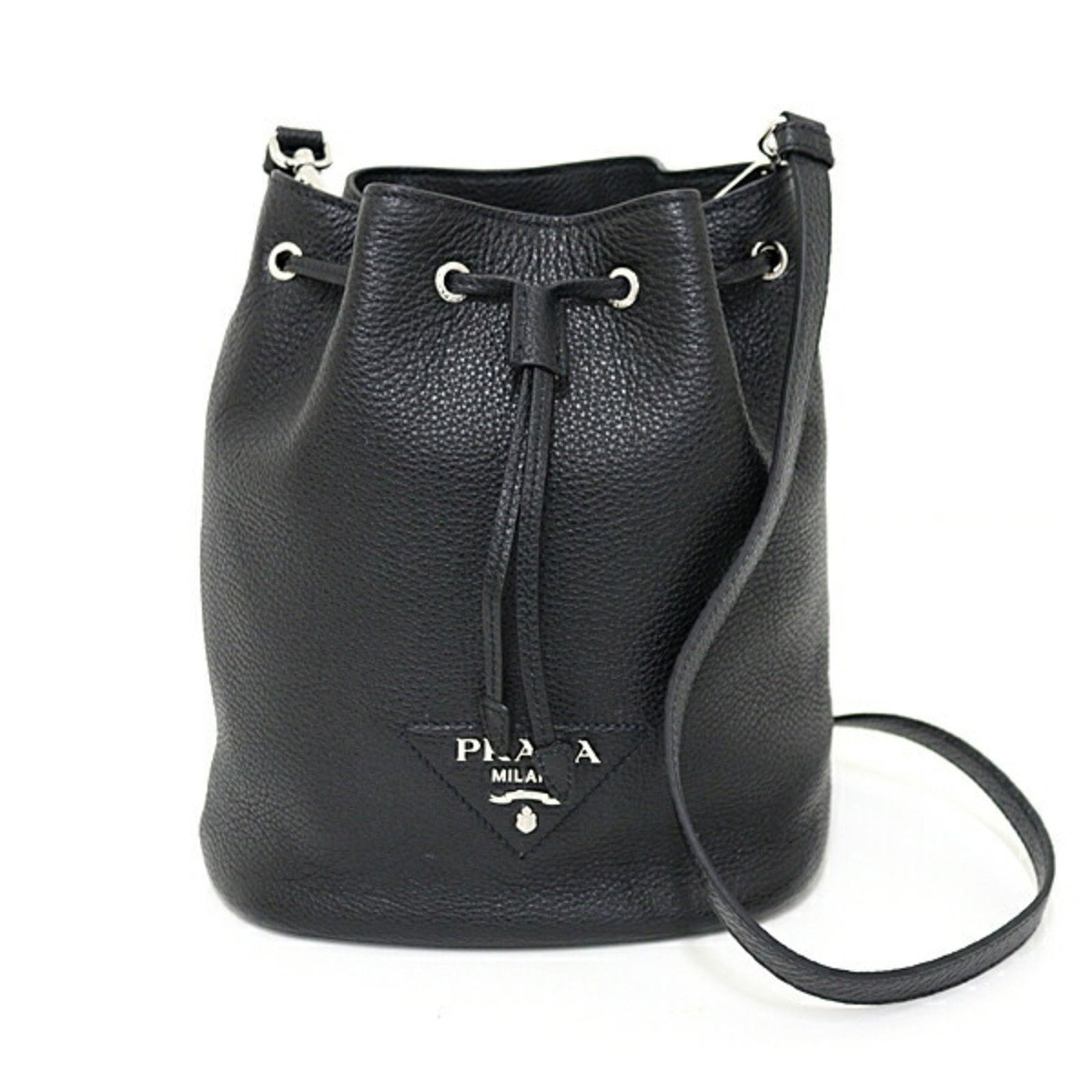 Black Leather Bucket Shoulder Bag by Prada Italy: Black Leather Bucket Shoulder Bag by Prada Italy This Prada bucket bag is crafted from black leather and features a stylish, understated design. Made in Italy, it is designed for women and offers a pr