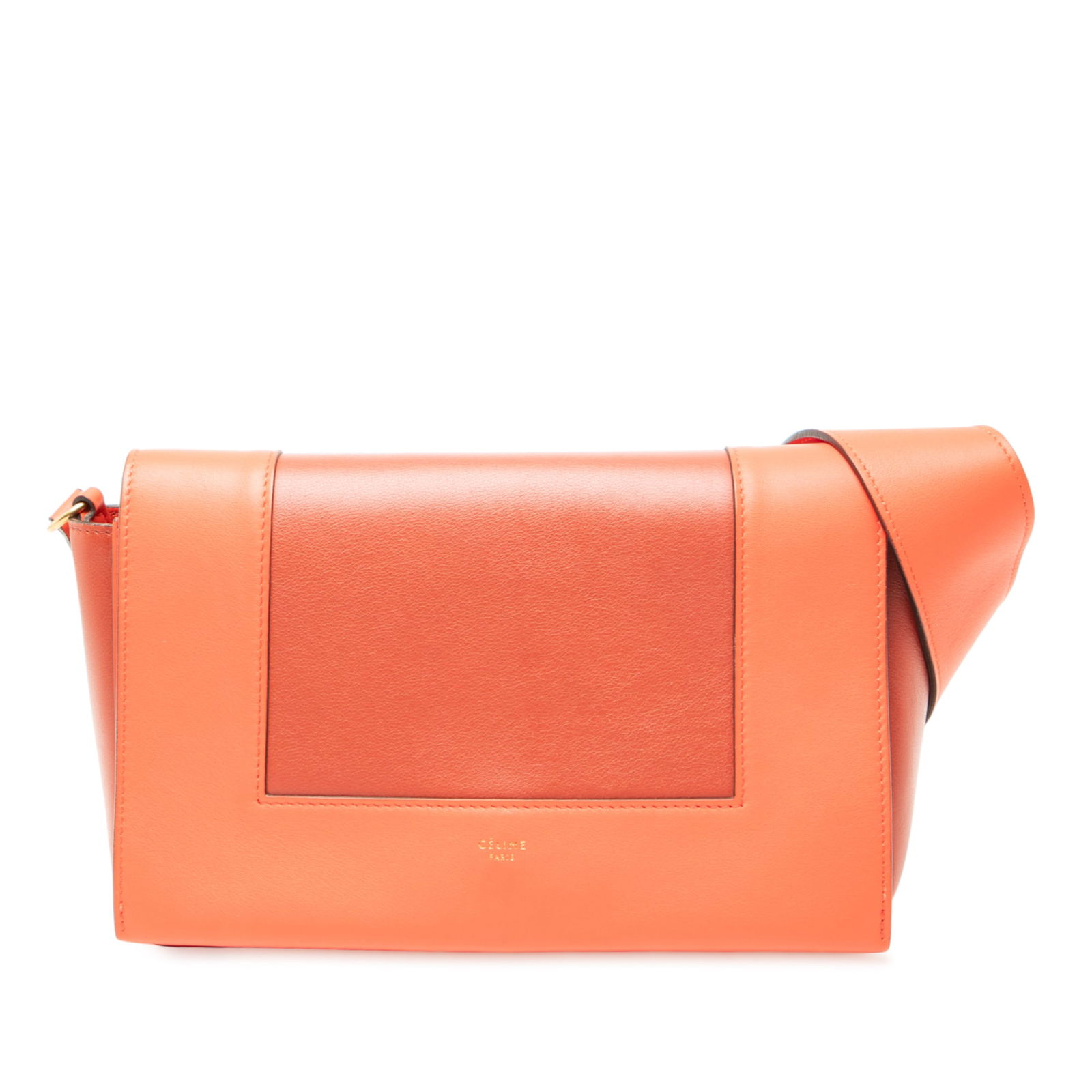 Celine Frame Orange Leather Shoulder Bag with Flap Closure: Celine Frame Orange Leather Shoulder Bag with Flap Closure This Celine Frame Shoulder Bag features a sleek orange leather exterior, a flat leather shoulder strap, and a front flap closure. The interio