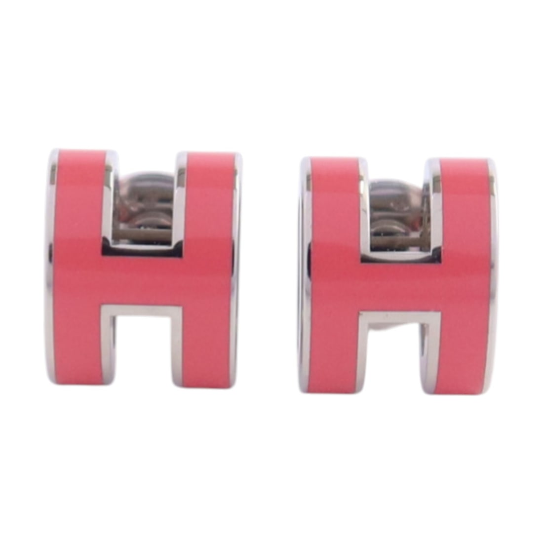 Mini Pop H Red Enamel Pierced Earrings by Hermes with Silver Tone Hardware: Mini Pop H Red Enamel Pierced Earrings by Hermes with Silver Tone Hardware These are Hermes Mini Pop H pierced earrings crafted from metal and enamel in a vibrant red color with a silver-tone finish.
