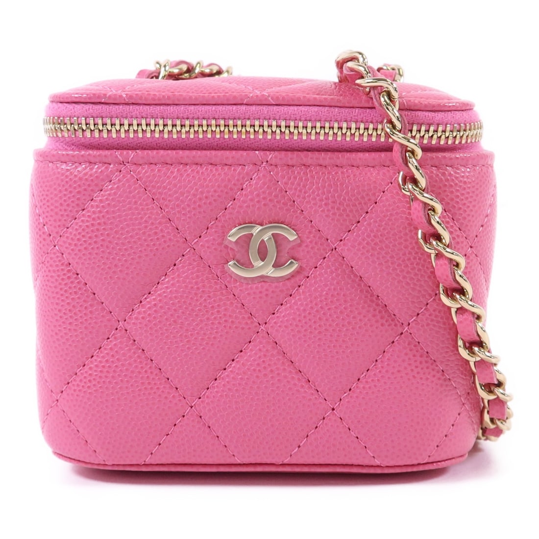 Chanel Mini Vanity Chain Shoulder Bag Pink Calfskin with CC and Gold Hardware: Chanel Mini Vanity Chain Shoulder Bag Pink Calfskin with CC and Gold Hardware This CHANEL mini vanity case features a classic CC design and a chain shoulder strap. Crafted from pink calfskin leather,