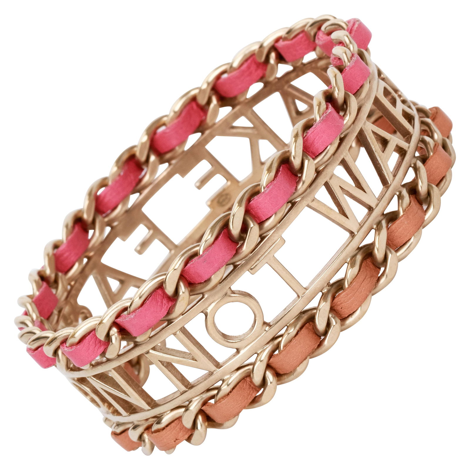 Chanel Gold Bangle Bracelet with Pink Fuchsia Leather 2012: Chanel Gold Bangle Bracelet with Pink Fuchsia Leather 2012 This exquisite Chanel statement bangle bracelet features a striking light gold finish complemented by vibrant pink and fuchsia leather accent