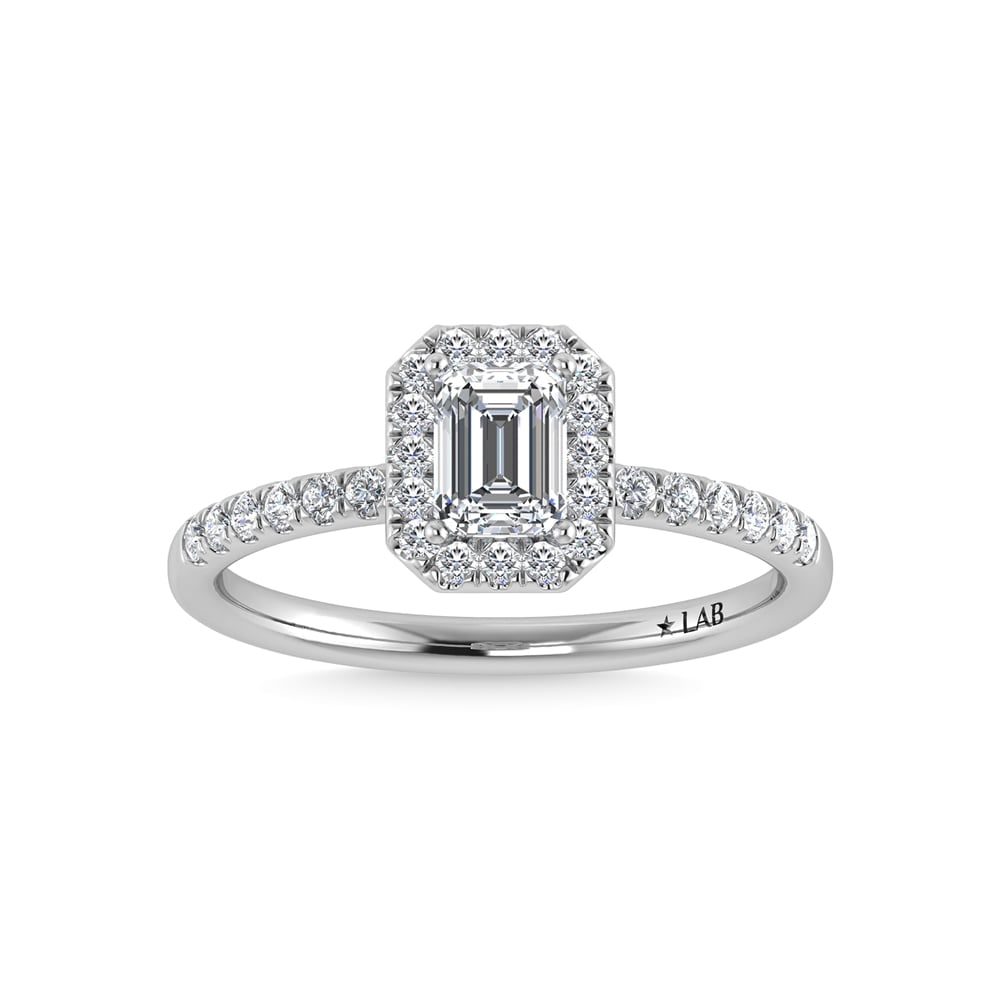 14K White Gold Lab Grown Diamond 3 1/3 Ct.Tw. IGI Certified Emerald Shape Halo Engagement Ring (IGI: 14K White Gold Lab Grown Diamond 3 1/3 Ct.Tw. IGI Certified Emerald Shape Halo Engagement Ring (IGI Certified Center 3ct) Celebrate your forever moment with the timeless brilliance of our Halo Diamond