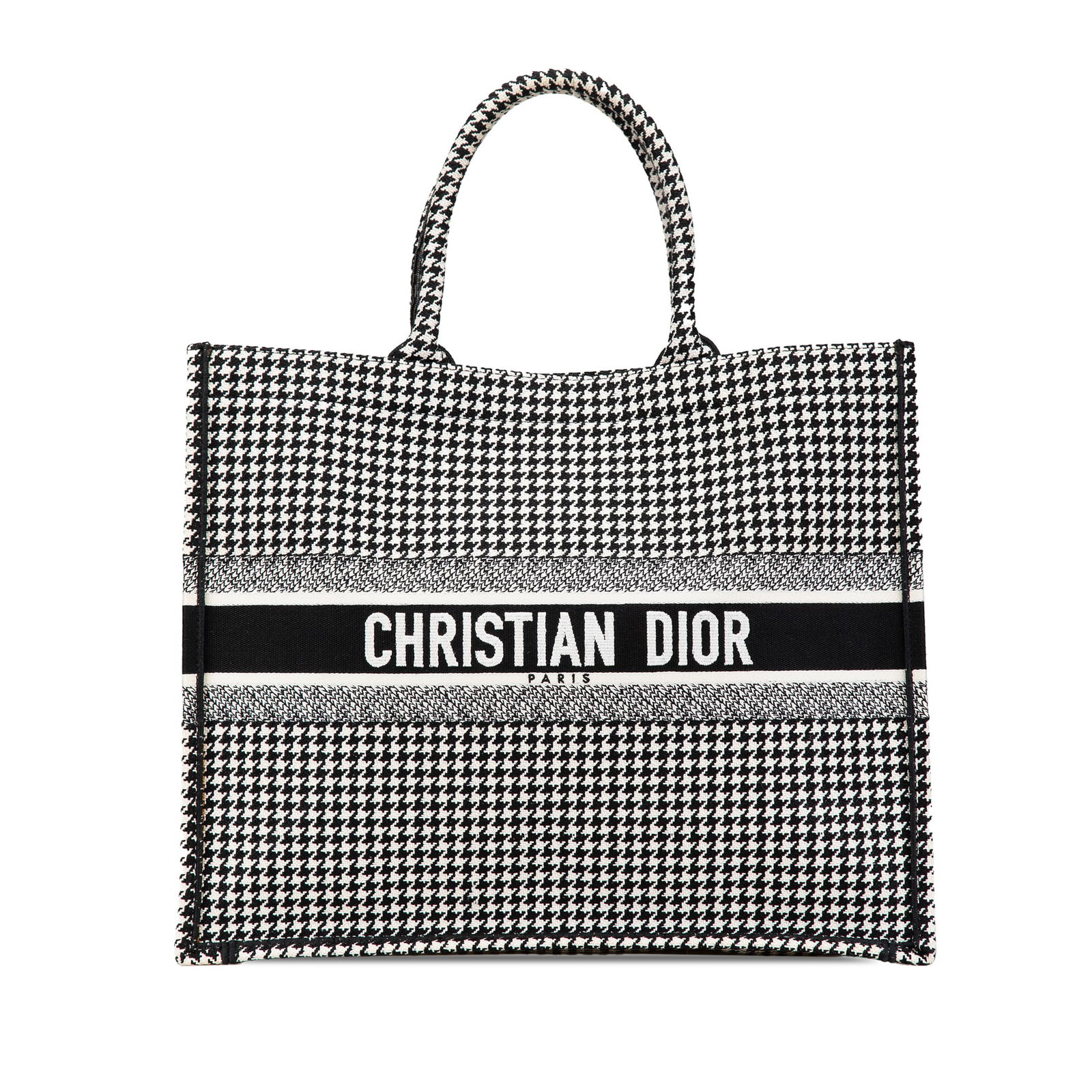 Dior Black Houndstooth Embroidered Large Canvas Book Tote: Dior Black Houndstooth Embroidered Large Canvas Book Tote Discover the elegance of the Dior Large Canvas Houndstooth Embroidered Book Tote. This sophisticated bag features an embroidered canvas body w
