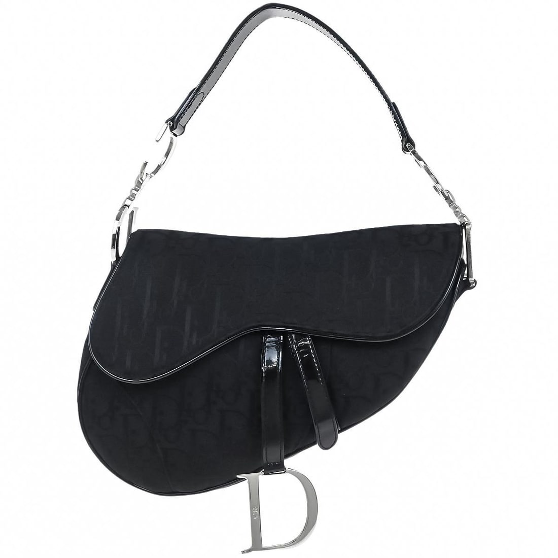 Dior Saddle Bag Black Canvas and Patent Leather Medium 07RU 1024: Dior Saddle Bag Black Canvas and Patent Leather Medium 07RU 1024 This Christian Dior Saddle handbag features the iconic black Trotter design with a medium-sized silhouette. Crafted from canvas and pat