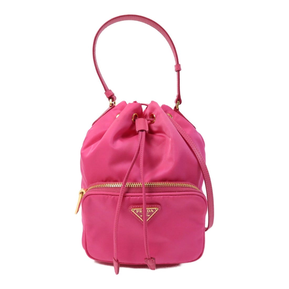 Prada Pink Re-Nylon Niryu Duet Shoulder Bag with Gold Hardware 1BH038: Prada Pink Re-Nylon Niryu Duet Shoulder Bag with Gold Hardware 1BH038 This Prada Niryu Duet Re-Nylon 2-way shoulder bag features a pink nylon exterior and a versatile design that allows it to be carri