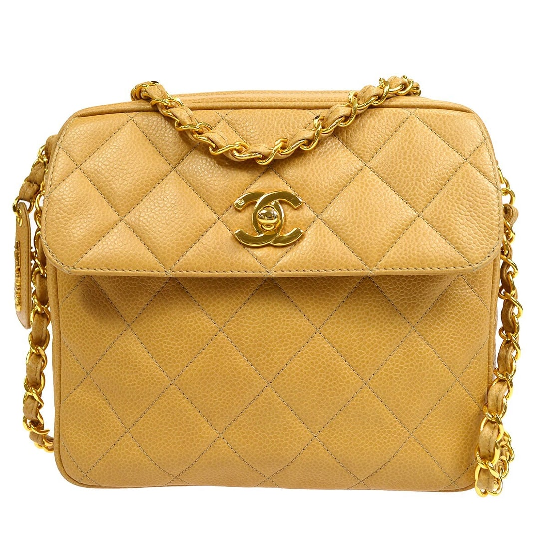 Chanel Beige Caviar Leather Crossbody Bag with Gold Hardware: Chanel Beige Caviar Leather Crossbody Bag with Gold Hardware This stylish Chanel crossbody shoulder bag is crafted from luxurious beige caviar skin leather, featuring the classic matelasse pattern and