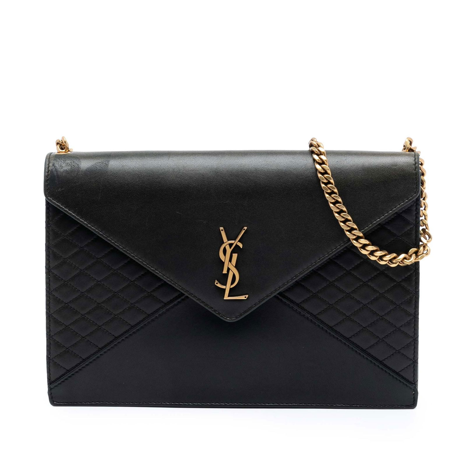 Black Gaby Monogram Shoulder Bag Quilted Lambskin by Saint Laurent: Black Gaby Monogram Shoulder Bag Quilted Lambskin by Saint Laurent This Saint Laurent shoulder bag showcases a quilted lambskin leather body in black, complemented by a chain link shoulder strap with