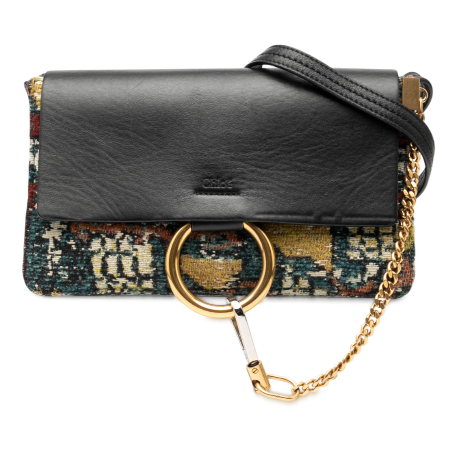 Chloe Faye Black Leather and Tapestry Small Crossbody Bag: Chloe Faye Black Leather and Tapestry Small Crossbody Bag This Chloe Small Calfskin and Tapestry Faye Crossbody features a combination of calf leather and tapestry materials, complemented by an adjust