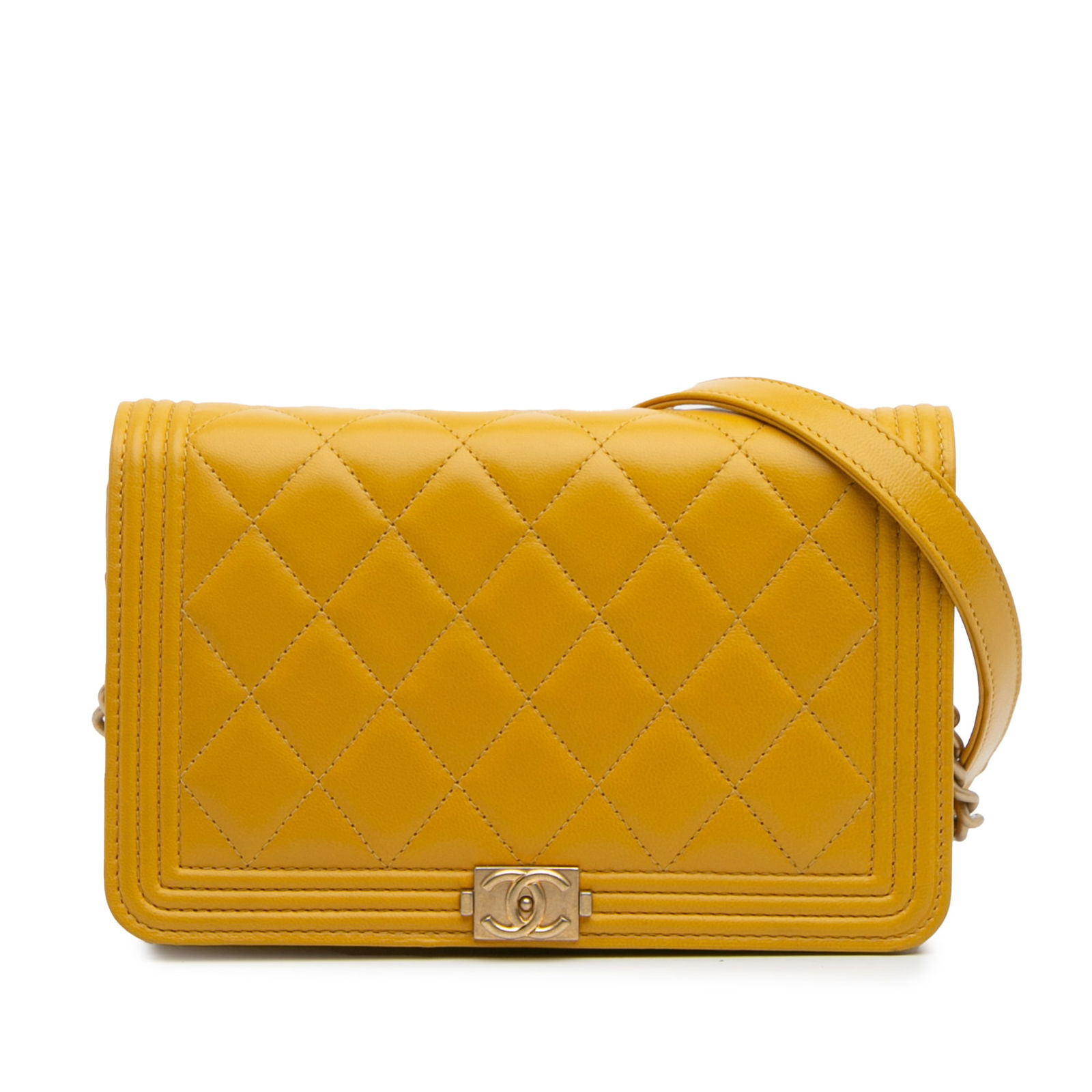 Chanel Yellow Quilted Lambskin Boy Wallet On Chain: Chanel Yellow Quilted Lambskin Boy Wallet On Chain Elevate your accessory collection with the Chanel Quilted Lambskin Boy Wallet On Chain. This stylish wallet features a luxurious quilted lambskin lea