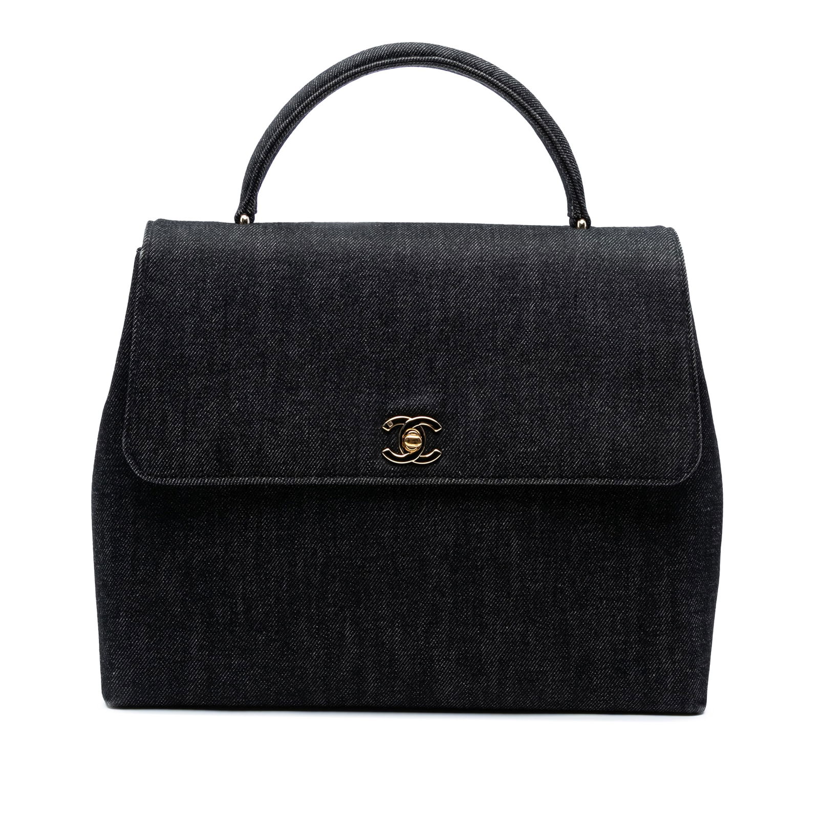Chanel CC Denim Top Handle Bag Black Fabric: Chanel CC Denim Top Handle Bag Black Fabric The Chanel CC Denim Kelly Top Handle Bag showcases a chic denim exterior complemented by a rolled top handle and a signature CC turn lock closure. This styl