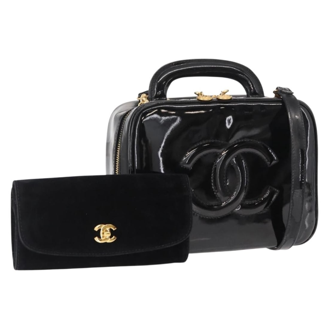 CHANEL Black Gold Patent Leather Vanity Shoulder Bag 2way Auth: CHANEL Black Gold Patent Leather Vanity Shoulder Bag 2way Auth This elegant CHANEL Vanity Shoulder Bag is crafted from luxurious patent leather in a striking black and gold color combination. Designed