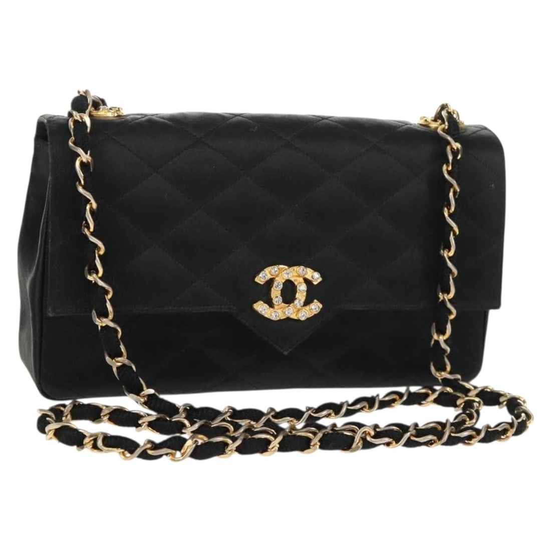 Black Satin CHANEL Matelasse Shoulder Bag with Gold Chain and CC Logo (1 of 18)
