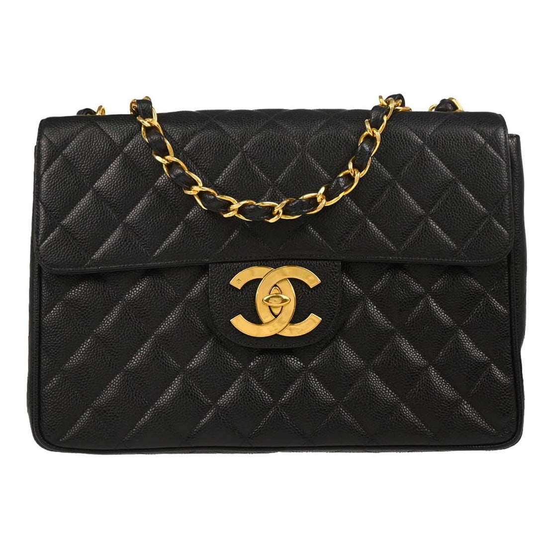 Chanel Black Caviar Leather Jumbo Classic Flap Shoulder Bag: Chanel Black Caviar Leather Jumbo Classic Flap Shoulder Bag This Chanel Jumbo Classic Flap Bag is a stunning accessory crafted from luxurious black caviar skin leather. Its quilted pattern adds a time