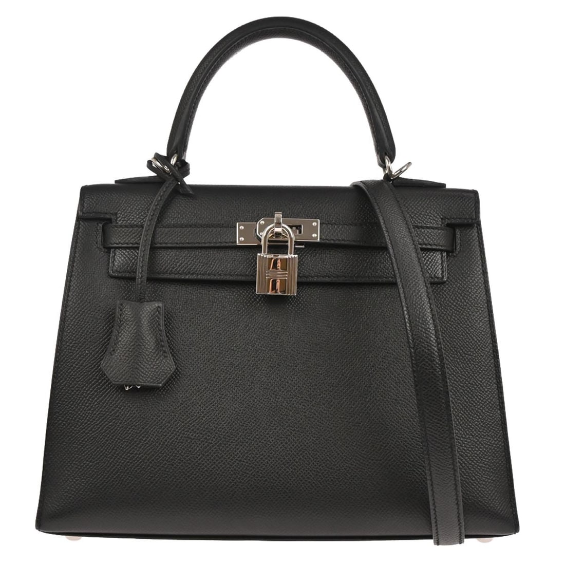 Black Epsom Leather Kelly 25 Sellier Two Way Top Handle Bag by Hermes: Black Epsom Leather Kelly 25 Sellier Two Way Top Handle Bag by Hermes This Hermes Kelly 25 Sellier 2-way handbag is crafted from black leather with a structured silhouette. It features a top handle an