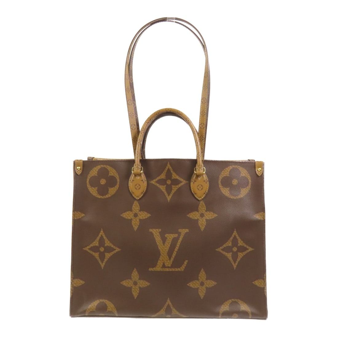 Louis Vuitton On The Go GM Monogram Giant Brown 2 Way Shoulder Tote Bag: Louis Vuitton On The Go GM Monogram Giant Brown 2 Way Shoulder Tote Bag This Louis Vuitton On The Go GM bag features the signature Monogram Giant Reverse pattern in brown PVC coated canvas. Designed a