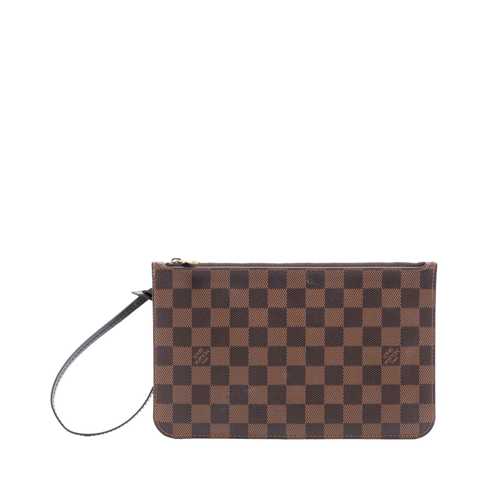 Louis Vuitton Neverfull Damier Ebene MM Canvas Wristlet Pouch: Louis Vuitton Neverfull Damier Ebene MM Canvas Wristlet Pouch This Louis Vuitton Damier Ebene Neverfull Pouch MM features a damier canvas body in brown, a detachable leather wrist strap, a top zip clo
