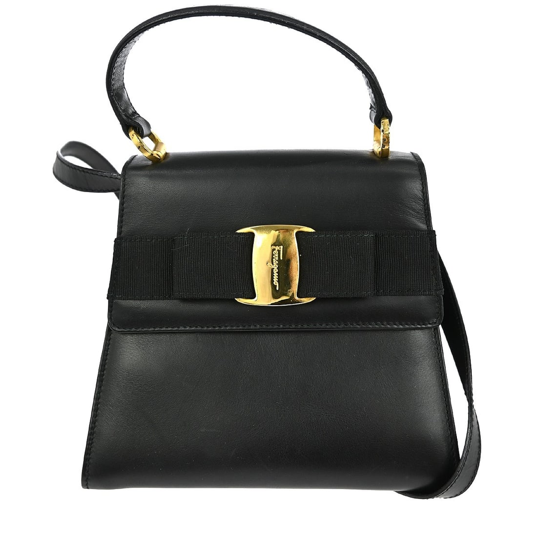 Salvatore Ferragamo Vara Bow Black Leather 2way Top Handle Medium Handbag: Salvatore Ferragamo Vara Bow Black Leather 2way Top Handle Medium Handbag This Salvatore Ferragamo Black Vara Bow 2way Handbag is a chic addition to your casual wardrobe. Crafted from high-quality lea