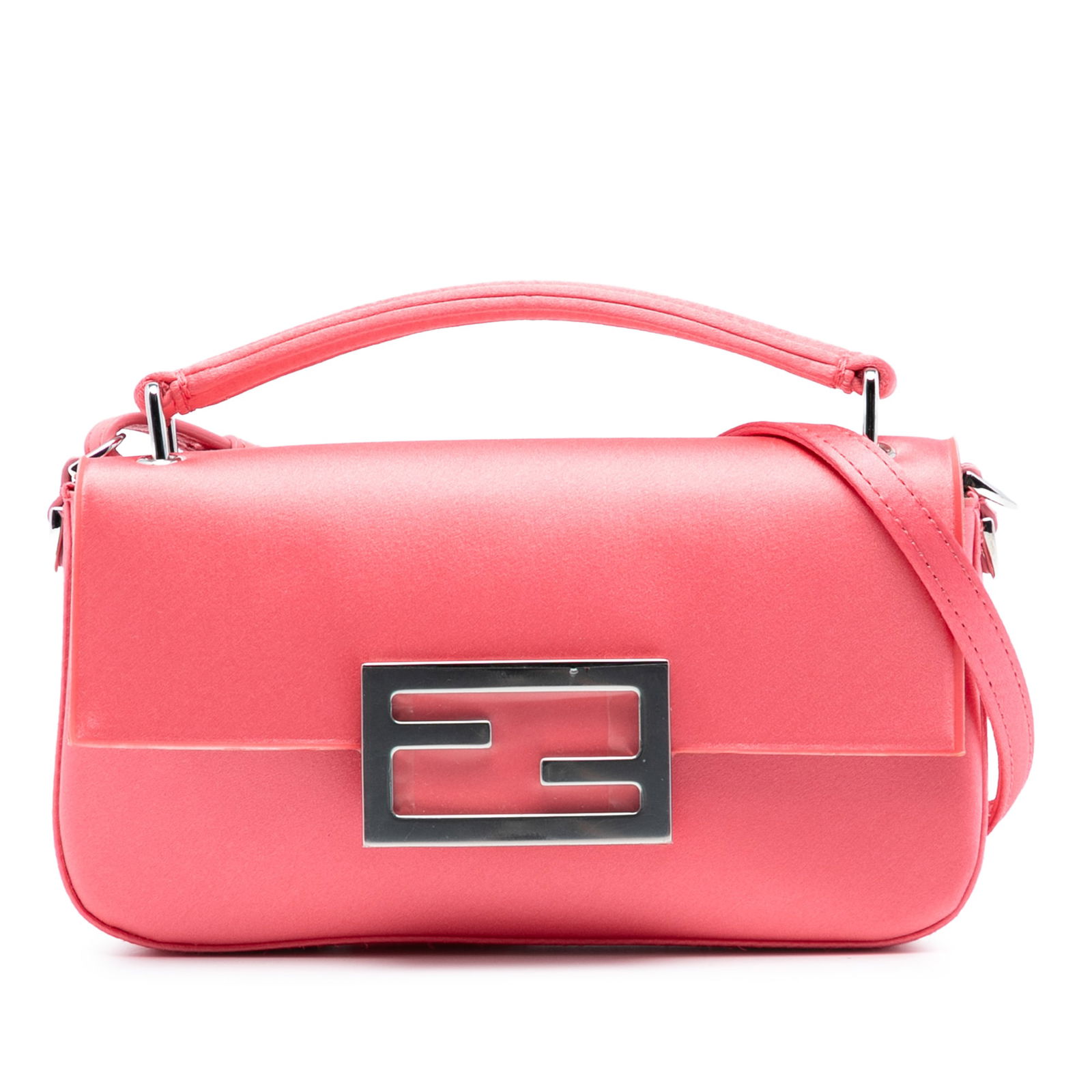 Fendi Pink Satin Phone Pouch Baguette Satchel with Leather Handle: Fendi Pink Satin Phone Pouch Baguette Satchel with Leather Handle This Fendi Satin Phone Pouch Baguette Satchel combines elegance and functionality, featuring a luxurious satin body complemented by a
