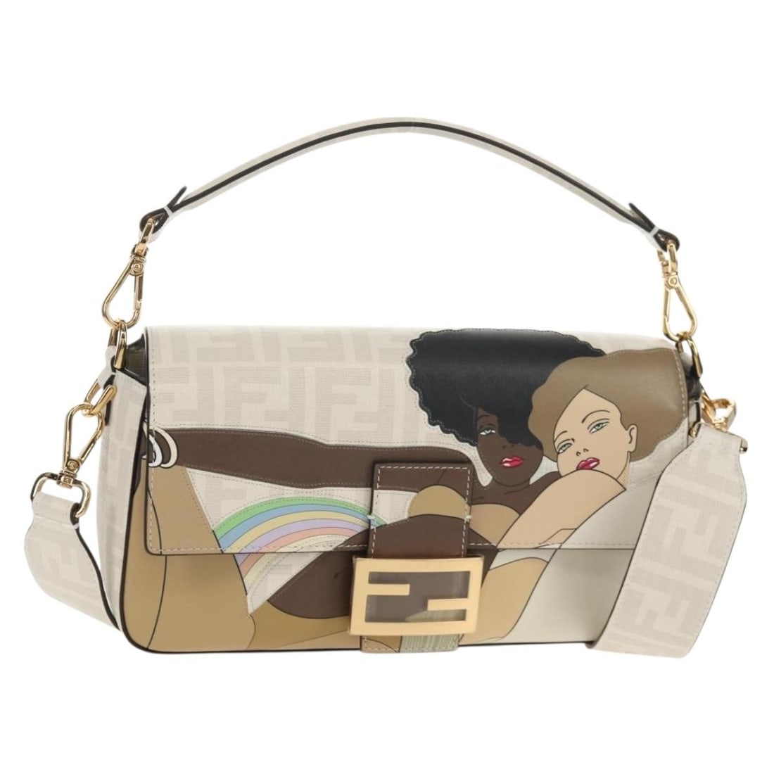 FENDI Zucca Canvas Mamma Baguette Bag Ivory Gold Authentic 146070SM: FENDI Zucca Canvas Mamma Baguette Bag Ivory Gold Authentic 146070SM The FENDI Zucca Canvas Antonio Lopez Mamma Baguette Bag is a stylish shoulder bag crafted from high-quality Zucca canvas in an elega