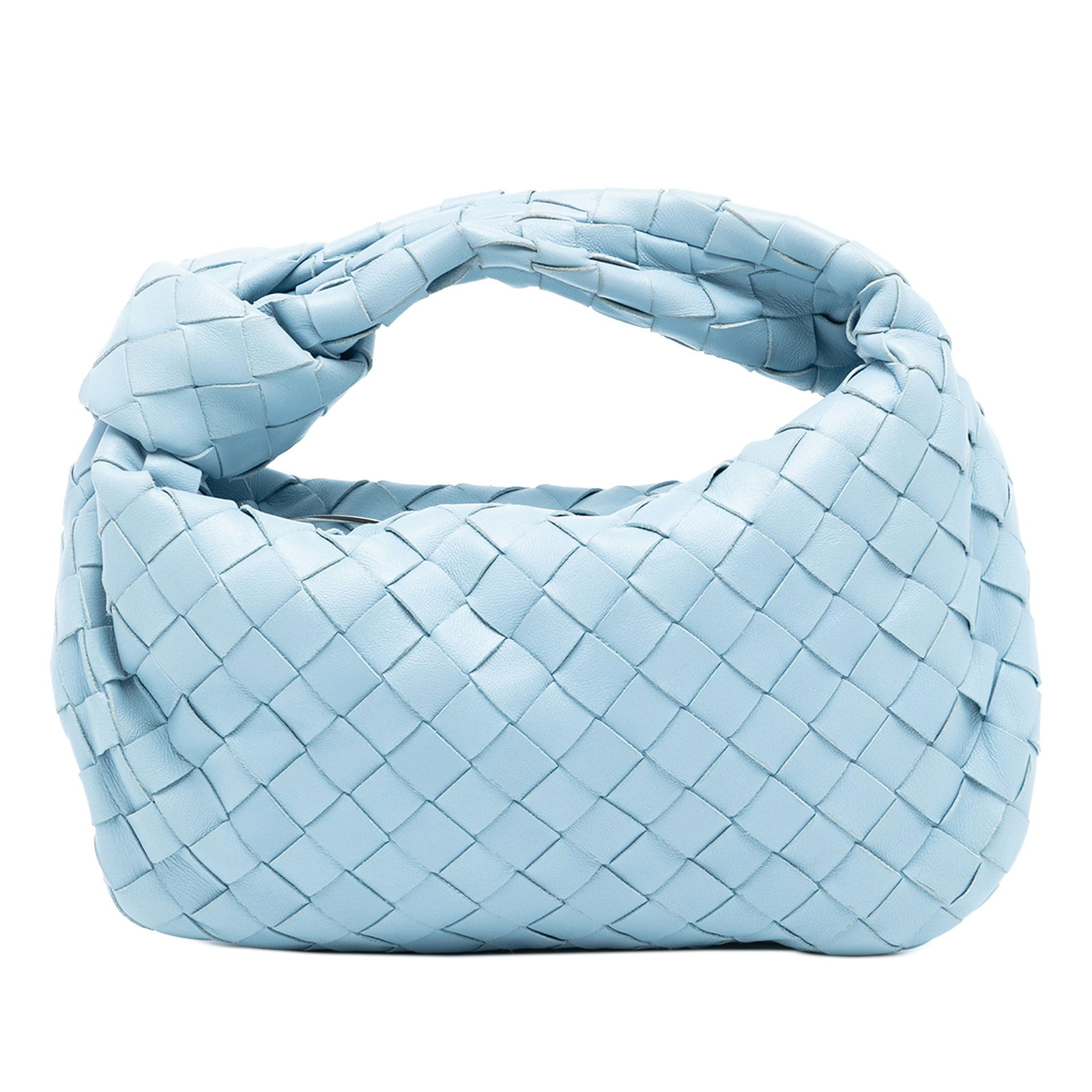 Mini Jodie Blue Nappa Leather Intrecciato Shoulder Bag by Bottega Veneta: Mini Jodie Blue Nappa Leather Intrecciato Shoulder Bag by Bottega Veneta This Bottega Veneta Mini Nappa Intrecciato Jodie bag features a signature woven nappa leather body, a woven shoulder strap, and
