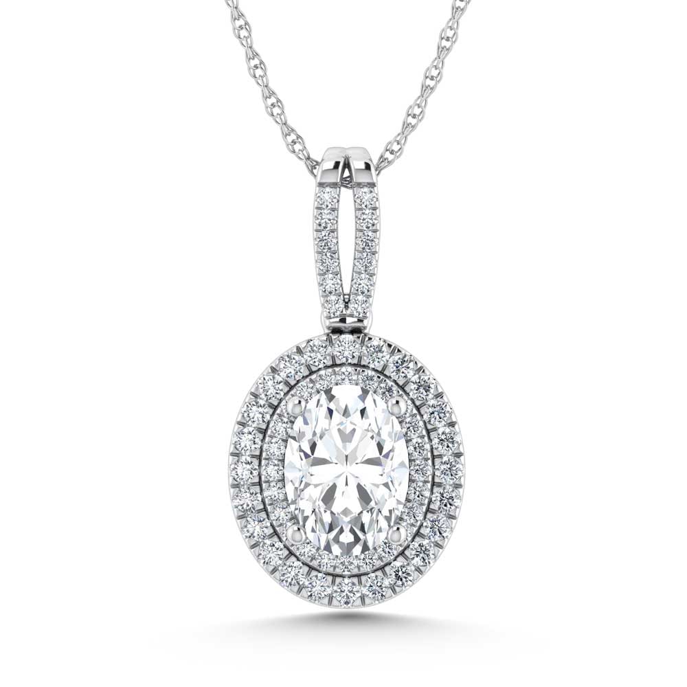 14K White Gold Lab Grown Diamond 3 3/4 Ct.Tw. Oval Shape Fashion Pendant (Oval Center 3 ct): 14K White Gold Lab Grown Diamond 3 3/4 Ct.Tw. Oval Shape Fashion Pendant (Oval Center 3 ct) This exquisite fashion pendant showcases a 3 CT oval-shaped lab-grown diamond center, totaling 3 3/4 CT TW.