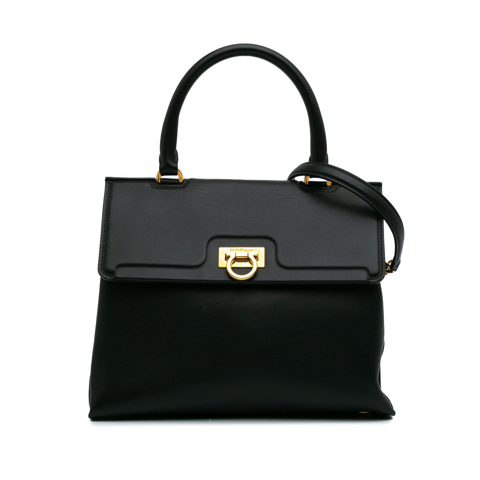 Ferragamo Black Leather Gancini Trifolio Satchel with Detachable Strap (1 of 10)