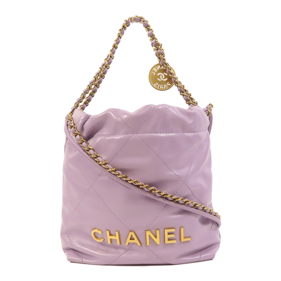 Purple Mini 22 Calfskin Chain Shoulder Bag by CHANEL AS3980: Purple Mini 22 Calfskin Chain Shoulder Bag by CHANEL AS3980 This CHANEL Mini 22 chain shoulder bag is crafted from calfskin leather in a striking purple color. Made in France, the bag features a versa