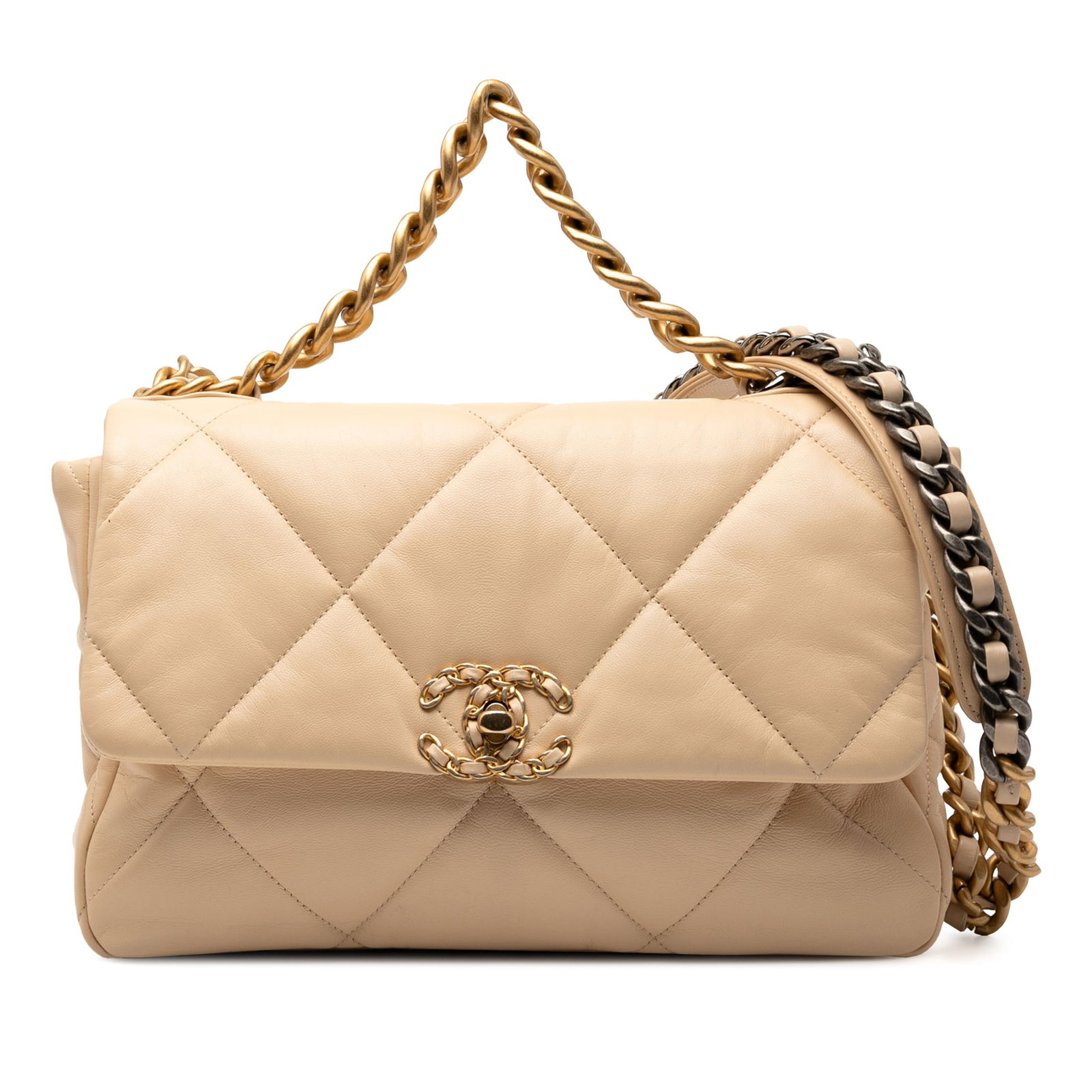 Chanel Large 19 Flap Brown Lambskin Bag with Gold Chain: Chanel Large 19 Flap Brown Lambskin Bag with Gold Chain The Chanel Large Lambskin 19 Flap bag showcases an elegant design crafted from quilted lambskin leather. It features a stylish gold-tone chain h