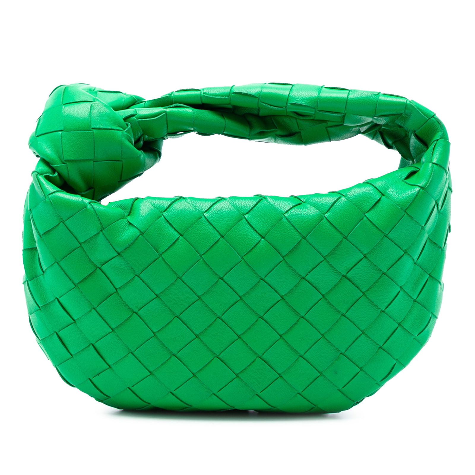 Mini Jodie Green Leather Woven Shoulder Bag by Bottega Veneta: Mini Jodie Green Leather Woven Shoulder Bag by Bottega Veneta The Bottega Veneta Mini Nappa Intrecciato Jodie is crafted from green woven leather, featuring a signature intrecciato pattern and a knott