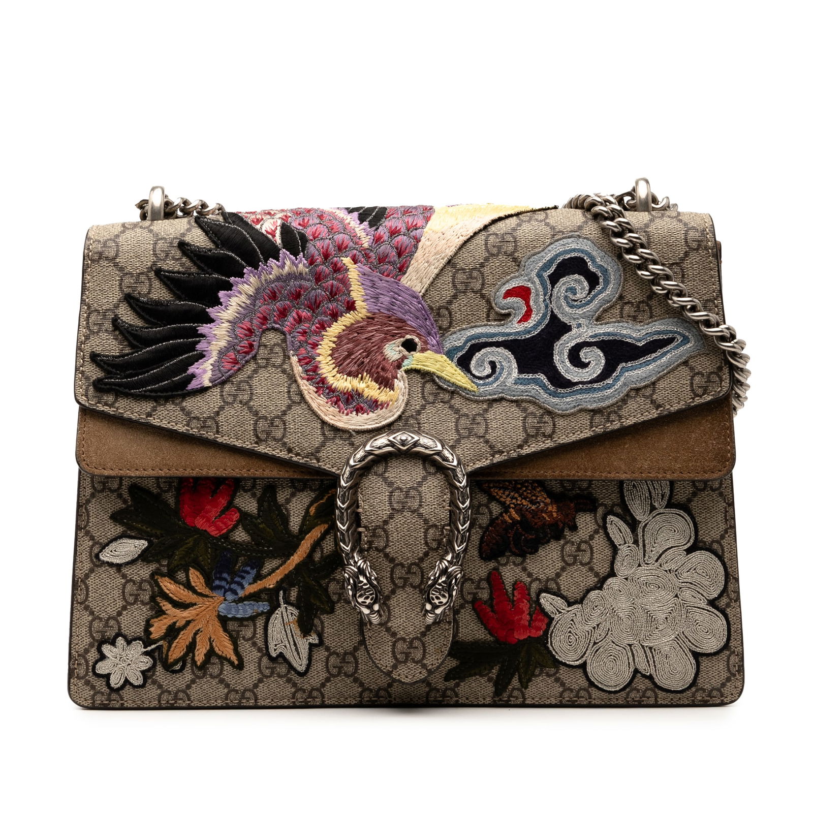 Gucci Medium GG Supreme Dionysus Shoulder Bag with Embroidered Birds and Flowers: Gucci Medium GG Supreme Dionysus Shoulder Bag with Embroidered Birds and Flowers This Gucci Medium GG Supreme Embroidered Bird and Flowers Dionysus Shoulder Bag showcases a stylish design with a coate