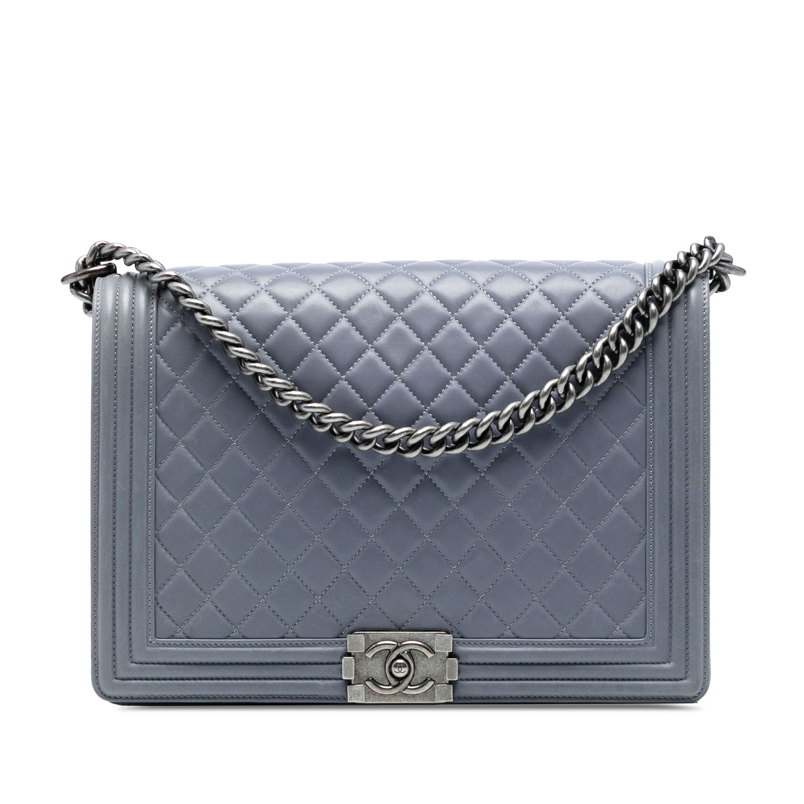 Chanel Gray Large Quilted Lambskin Boy Flap Bag: Chanel Gray Large Quilted Lambskin Boy Flap Bag The Chanel Large Quilted Lambskin Boy Flap bag is a stylish and sophisticated accessory made from luxurious lambskin leather. This iconic bag features a