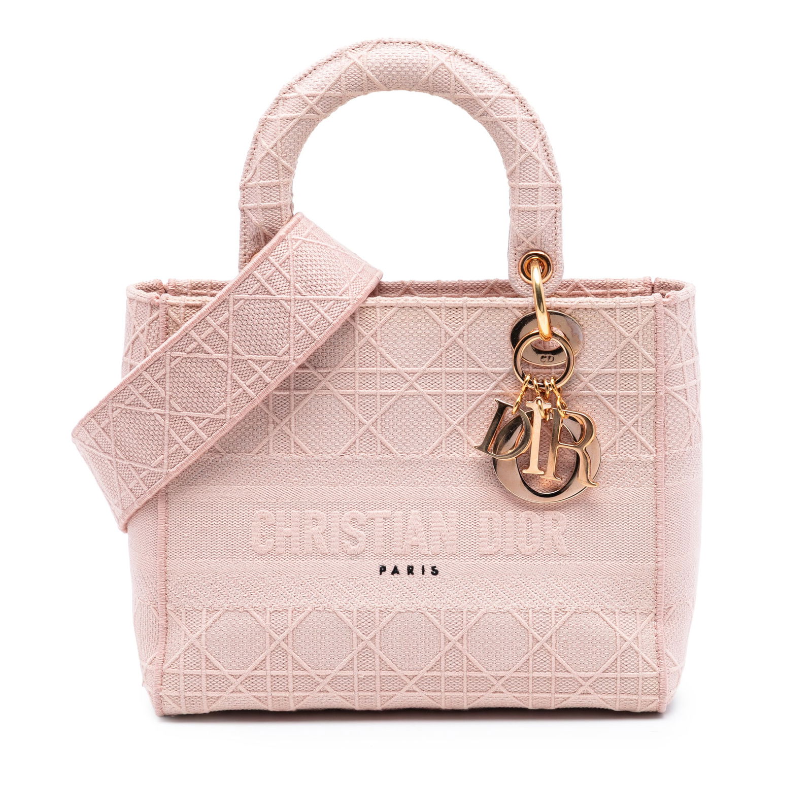 Dior Lady D-Lite Medium Pink Canvas Cannage Bag with Strap: Dior Lady D-Lite Medium Pink Canvas Cannage Bag with Strap This Dior Medium Canvas Cannage Lady D-Lite bag features a pink fabric body with a signature Cannage pattern, flat handles, a detachable stra